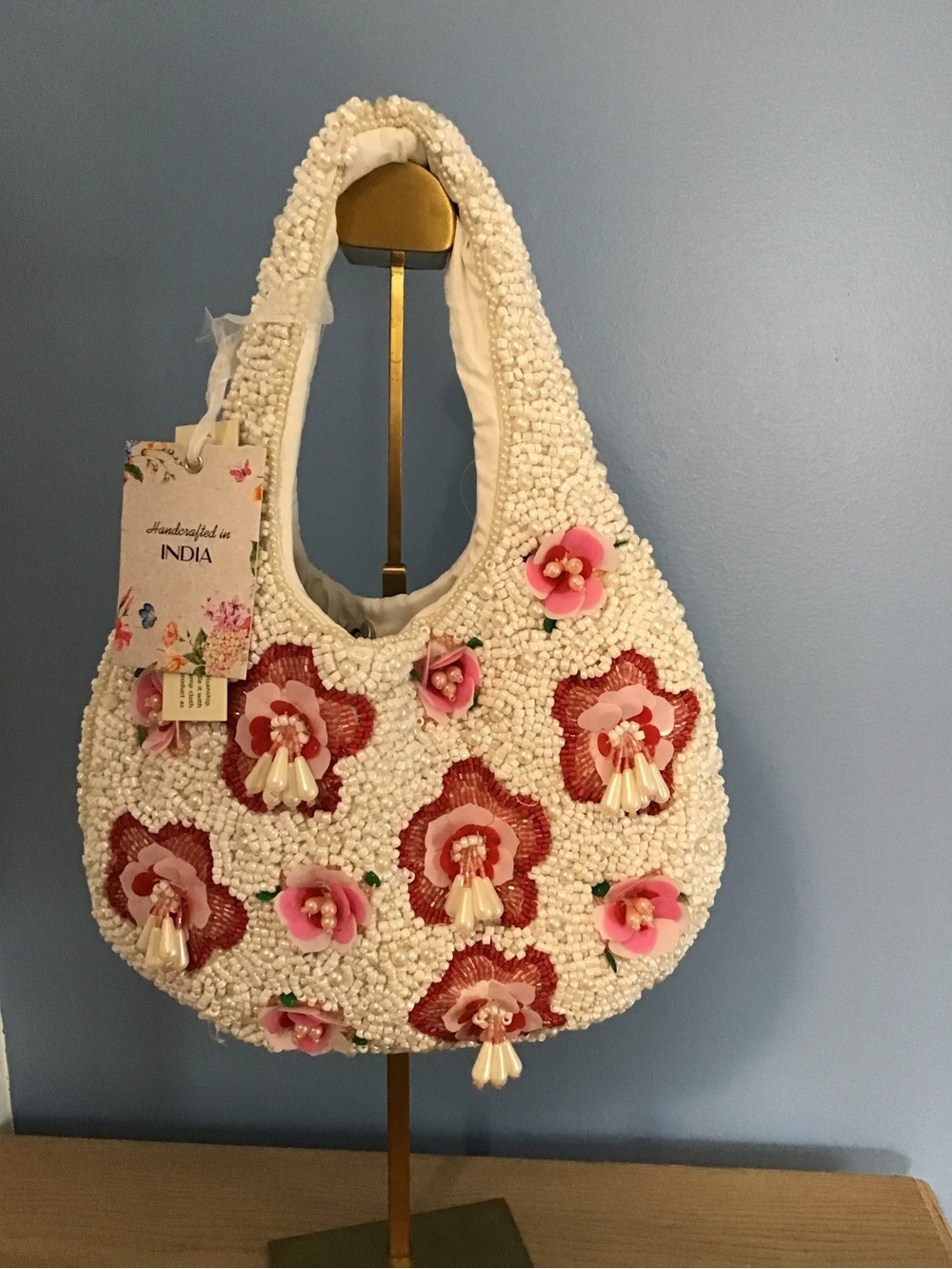 New Handcrafted White Beaded Shoulder Bag with Pink Floral Appliqués